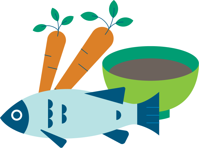 graphic of blue fish, orange carrots, and green bowl