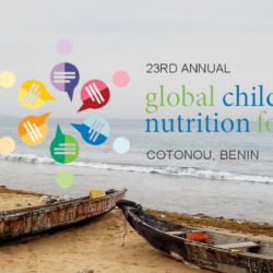 two canoes on Benin's coastline. Forum Logo and text reads 23rd annual global child nutrition forum, Cotonou, Benin