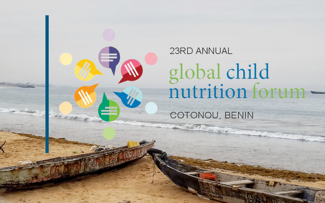 two canoes on Benin's coastline. Forum Logo and text reads 23rd annual global child nutrition forum, Cotonou, Benin