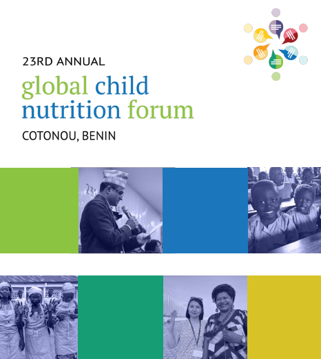 2022 Global Child Nutrition Forum report cover featuring forum logo, photos from the event, and many colored blocks